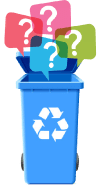Bac bleu de recyclage avec points d'interrogation